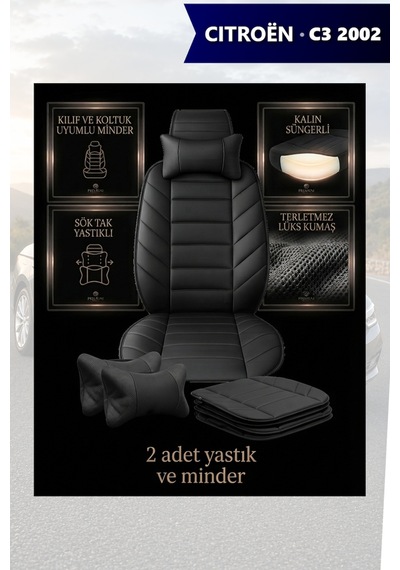Citron C3 2002 Uyumlu Premium Siyah Renk Lüks 2 Adet Minder Ve Yastık
