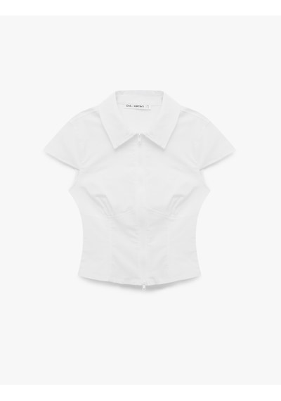 Koton Kısa Kollu Klasik Yaka Fermuarlı Slim Fit Crop Korse Bluz Beyaz 7wal60048ıw