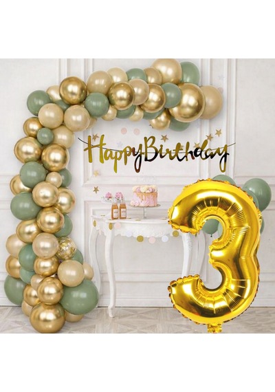 3 Yaş Pompa Hediyeli Doğum Günü Seti Gold Banner Krom Gold Küf Yeşili Kum Beji Balonlar Gold Folyo Rakam Çok Renkli