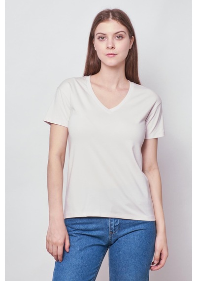 Jument Kadın V Yaka Kısa Kol Likralı Span Kumaş Şık T-shirt Bluz-şampanya Şampanya