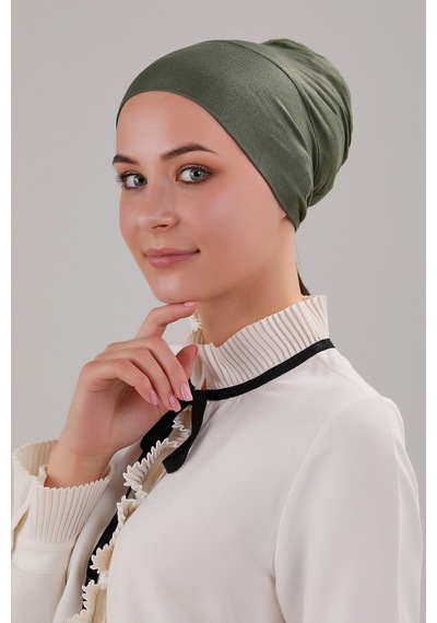 Melodi Scarf Tesettür Geçmeli Bağcıklı Viskon Likralı Bone Haki Haki