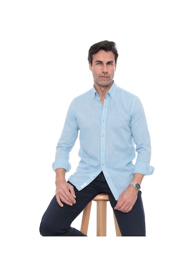 Slim Fit Uzun Kol Yaka Düğmeli Nefes Alan Keten Hediye Kutulu Erkek Gömlek Fs-004548 - Turkuaz-3230