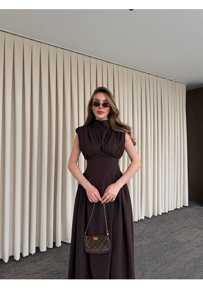 Laluvia Kahverengi Vatkalı Elbise - 25193 Kahverengi