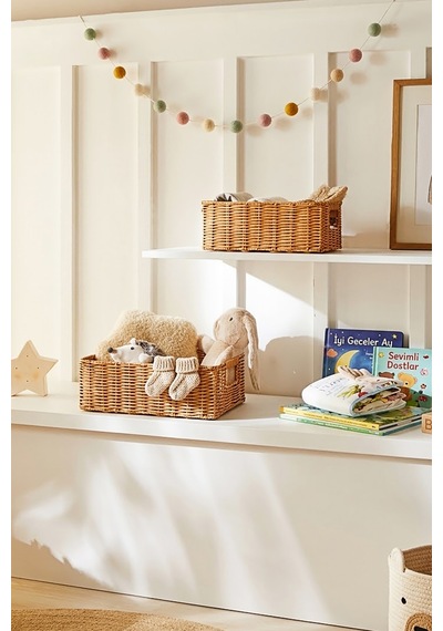 Ocean Home Textile 2'li Çocuk Odası Yıkanabilir Bej Pp Rattan Sepet Set 30 X 20 X 11 / 36 X 26 X 12 Cm