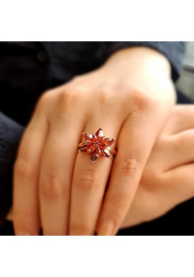 925 Ayar Gümüş Rose Kaplama Kırmızı Taşlı Lotus Çiçeği Kadın Yüzük Renkli