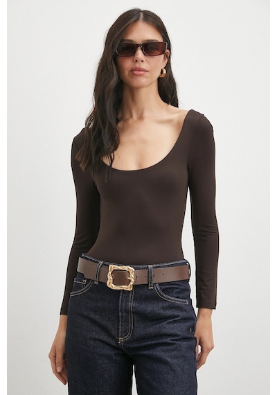 Never More U Yaka Uzun Kollu Çıtçıtlı Bodysuit Kahve Kahve