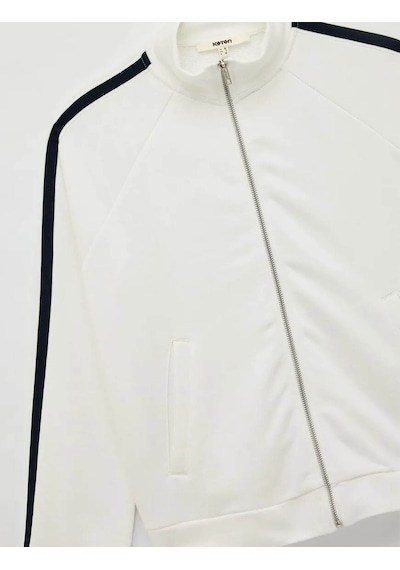 Koton Şerit Detaylı Dik Yaka Fermuarlı Beyaz Kadın Sweatshirt 6wak10054ek Beyaz