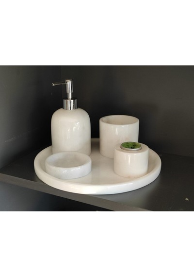 Beyazı Mermer Mumluklu 5'li Banyo Seti Beyaz