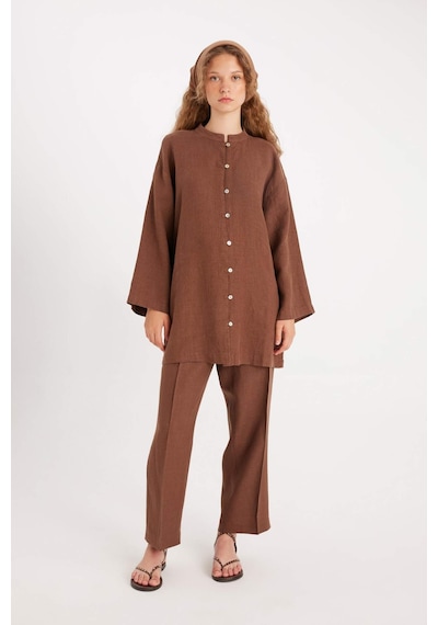 Defacto %100 Keten Regular Fit Bağcıklı Uzun Kollu Tesettür Gömlek Tunik D4394AX24HS Kahve