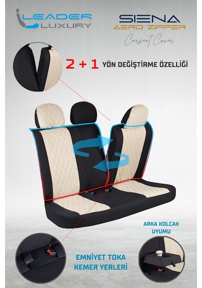 Daewoo Racer Uyumlu Lüx Yarı Deri Oto Koltuk Kılıfı Ön Arka Takım Yeni Siena Bej Siyah