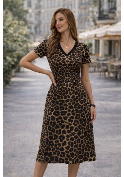De'charme Kadın Kısa Kollu V Yakalı Leopar Desenli Kısa Süprem Elbise