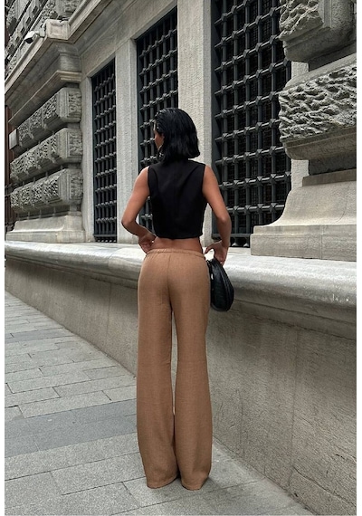 HLT Jeans Kadın Açık Kahve Baggy Beli Lastikli Keten Görünümlü Pantolon Emily-3015 Kahverengi