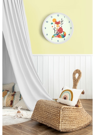 Sevimli Tilki Temalı Çocuk Odası Modern Duvar Saati - 30cm - Önü Camlı Beyaz Kasa - Sessiz Mekanizma Beyaz