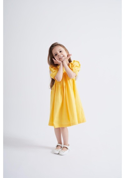 Oliventhekid Sarı Robadan Fırfır Büzgülü Kolları Lastikli Poplin Kız Çocuk Elbise Sarı Sarı