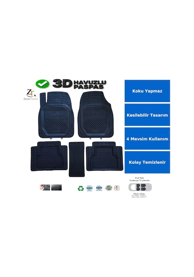 Skoda Rapid Sedan 2016 Uyumlu 3 Cm Havuzlu 5 Parça 3d Universal Oto Paspas Siyah