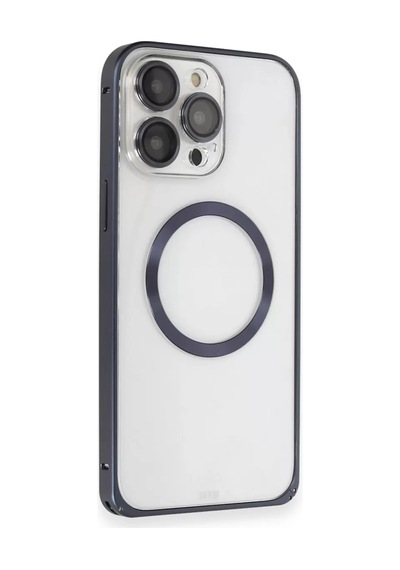 İphone 15 Pro Max Kılıf Metal Bumper Magneticsafe Kapak - Lacivert