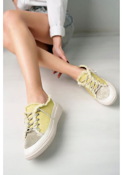 Craft Moda Neva Taşlı Düz Taban Kadın Kot Sneakers Sarı