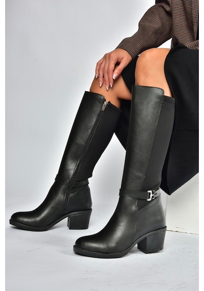 Fox Shoes V965030509 Siyah Kalın Topuklu Arkası Lastik Detaylı Kadın Çizme Siyah