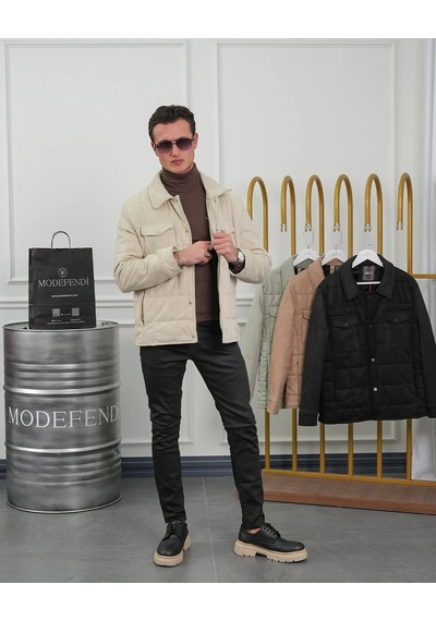Modefendi Yüksek Kalite Desenli Yarım Oversize Nubuk Mont Krem