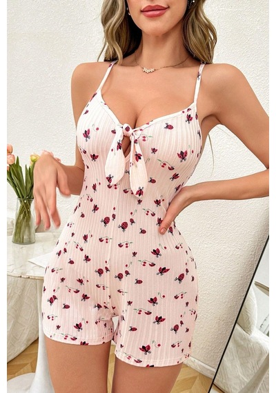 Bella Notte Toz Pembe Baskılı Bağcıklı Askılı Tulum Gecelik