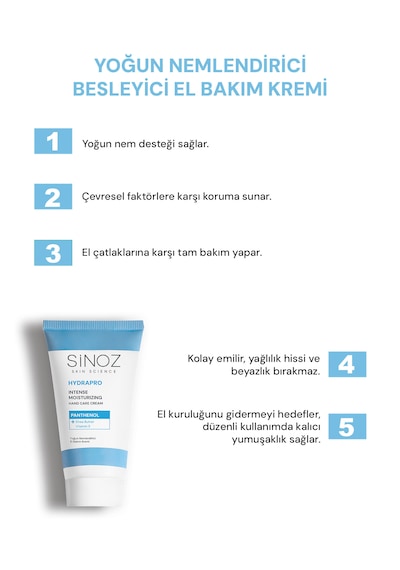 Sinoz Hydrapro Vitamin E Panthenol İçeren Yoğun Nemlendirici El Bakım Kremi 50 ML