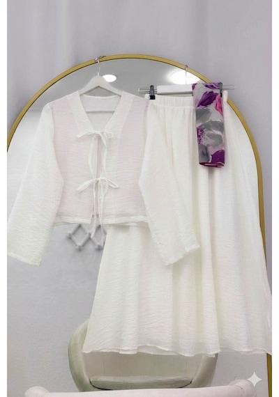 Lovie Moda Müslin Dokulu Bağlamalı Etekli Takım Beyaz