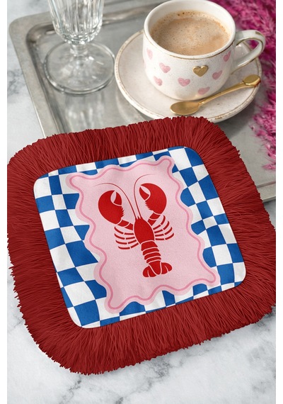 Lobster Temalı Saçaklı Bohem Sunum Peçetesi - Denizcilik Stil Kırmızı Mavi Bardak Altlığı Mendil Çok Renkli
