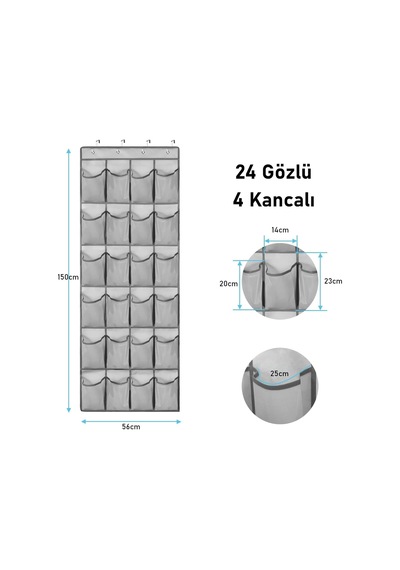 Kapı Arkası Ayakkabı Organizer 24 Gözlü Askılı Dolap İçi Düzenleyici 4 Kancalı Gri Diğer