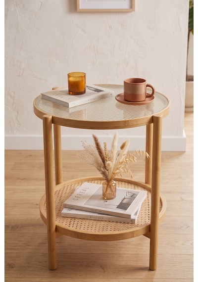 Robin Home Bambu Temperli Camlı Rattan Raflı Yuvarlak Yan Sehpa 45 45cm Bej