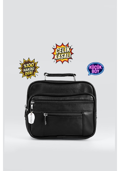 Westbag Erkek Siyah Yatay Model Çelik Kasalı Hakiki Deri El Ve Omuz Çantası Küçük Boy