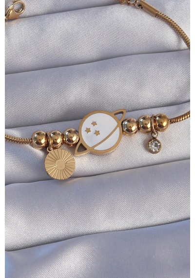 Ezoconcept 316l Çelik Gold Renk Zirkon Taşlı Mineli Satürn Tasarımlı Bileklik