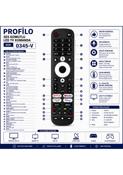 Profilo 0345-v Ses Komutlu Akıllı Led Tv Kumandası Netflix Youtube Prime Video Disney+ Tuşlu