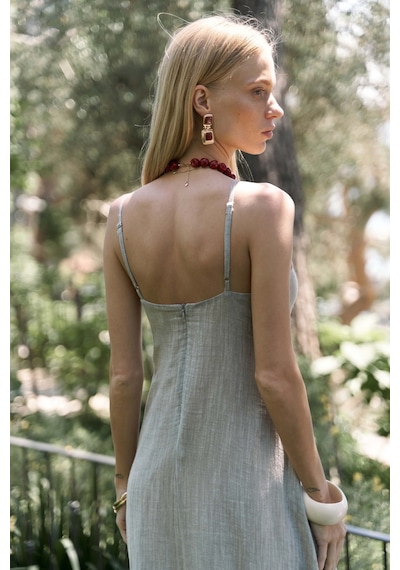 Mai Collection Mai Studios Co. Cinas Askılı Uzun Vizon Keten Elbise Vizon