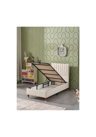 Beehanem Ezgi Sandıklı Baza + Yatak + Başlık Seti 100x200 Geniş Tek Kişilik Krem Ortopedik 3'lü 100 x 200