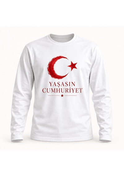Almeracraft 29 Ekim Cumhuriyet Bayramı Ay Yıldız Baskılı Beyaz Uzun Kollu Tişört Yaşasın Cumhuriyet