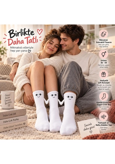 Womanandkids Wak Mıknatıslı El Ele Unisex Tutuşan Sevimli Çorap 36-44 Çift Hediyesi, Pamuklu Renkli Crew Model Beyaz