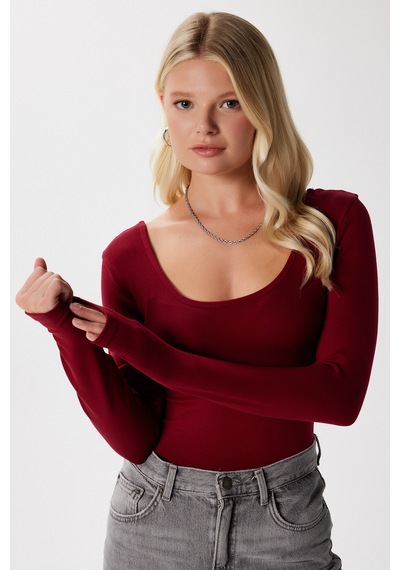 Ritnice Kadın Heat Lux Touch U Yaka Bordo Uzun Kol Soft Bluz Bordo