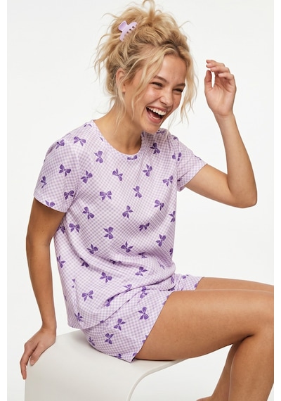 Siyah İnci İnce Soft Örme Mevsimlik Şortlu Pijama Takımı 8045 Lila Fiyonk Siyah İnci İnce Soft Örme Mevsimlik Şortlu Pijama Takımı 8045 Lila Fiyonk