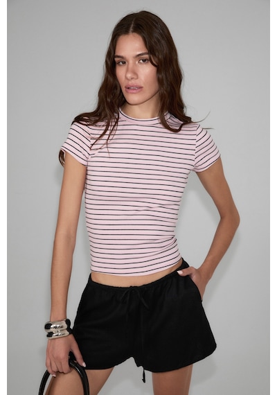 Grımelange Hopewell Kadın Yuvarlak Yaka Örme Slim Fit Pembe-siyah-beyaz Çizgili T-shirt