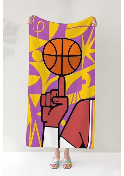 Basketbol Temalı Modern Plaj Havlusu - Geometrik Pop Art Mor Sarı Hızlı Kuruyan Mikrofiber Havlu Dalgın Defne