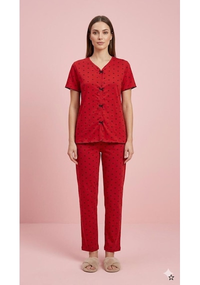 Lxl Yazlık Kırmızı Kalp Desenli Kısa Kol Penye %100 Pamuk Pijama Takım Kırmızı Siyah Kalp Lxl Yazlık Kırmızı Kalp Desenli Kısa Kol Penye %100 Pamuk Pijama Takım Kırmızı Siyah Kalp