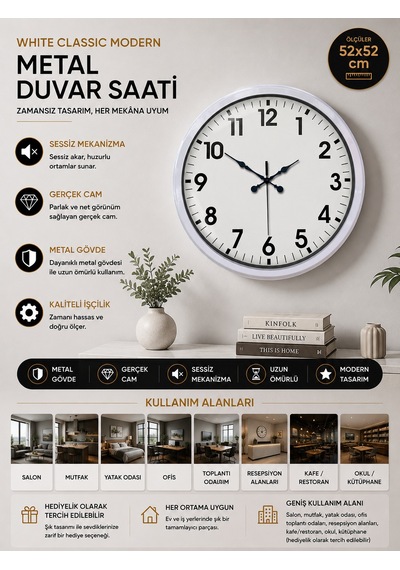 52 Cm Beyaz Metal Standart Duvar Saati
