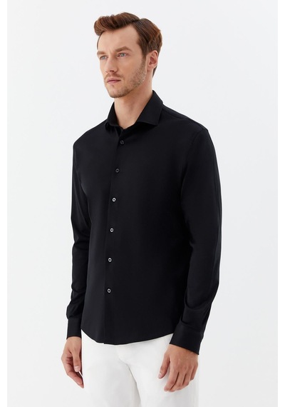 Sabri Özel Erkek Siyah Dar Kesim Slim Fit %100 Pamuk Düz Dokuma Klasik Yaka Gömlek