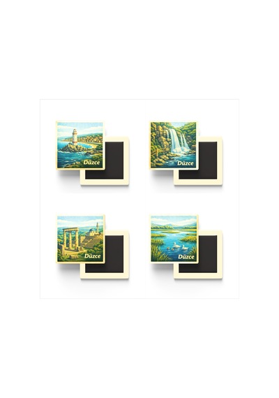 Düzce - 4'lü Memleket Seti - Baskılı Buzdolap Magneti Kare - 9x9 Cm - 4 Adet