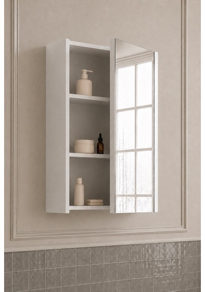Mimoza 50 Cm, Üst Modül Banyo Dolabı, Tek Kapaklı Aynalı Dolap, Mdf Beyaz
