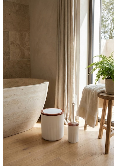 Makri Home Elegan Kahve Beyaz 2 Li Banyo Seti 6 Litre Çöp Kovası & Wc Fırçalık Takımı Kahverengi - Krem
