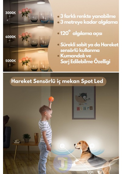 Technojet Şarj Edilebilir Kumandalı 3 Lü Spot Led Işık Lamba Hareket Sensörlü Kabin Işığı 3 Renkli