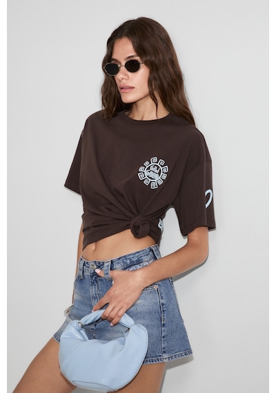 Grımelange Sahara Kadın Yumuşak Ve %100 Organik Pamuklu Baskı Detaylı Kahverengi T-shirt