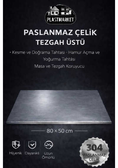 Paslanmaz Çelik Tezgah Üstü Kesme Tahtası, Hamur Yoğurma Tahtası, Tezgah Üstü Koruyucu, 80x50 Cm Metalik