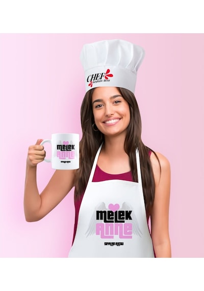 Kişiye Özel Melek Anne Mutfak Önlüğü Aşçı Şapkası Ve Kupa Seti